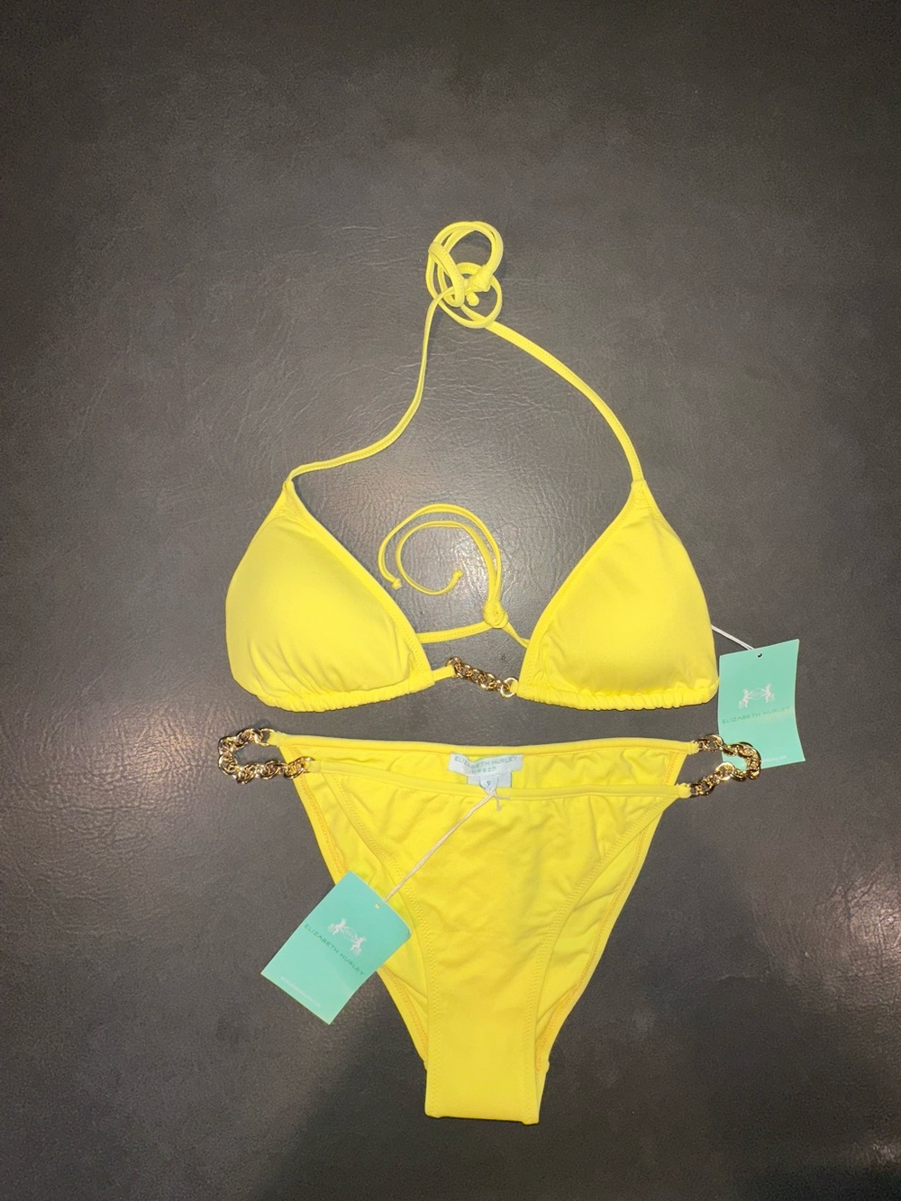 Elizabeth Hurley Bright Yellow Bikini with Gold Chain Accents